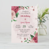 ピンクの花の緑の葉植物生誕生日 招待状 (スタンド正面)