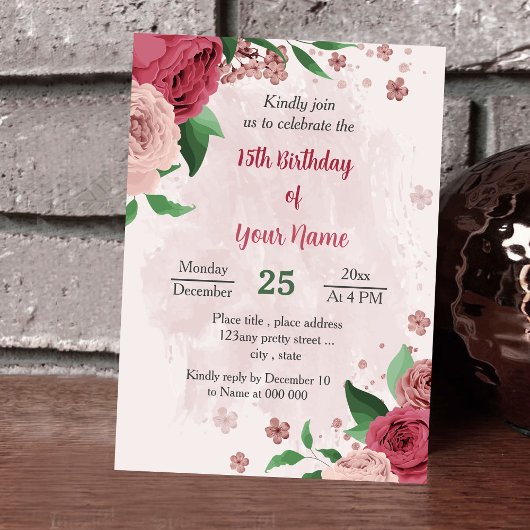 ピンクの花の緑の葉植物生誕生日 招待状