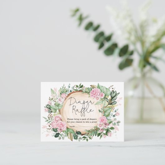 ピンクの花の緑の赤ちゃんシャワーおむつラッフル エンクロージャーカード (スタンド正面)