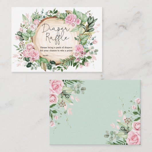 ピンクの花の緑の赤ちゃんシャワーおむつラッフル エンクロージャーカード (正面/裏面)