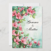 ピンクの花の緑結婚の花 招待状 (正面)