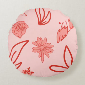 ピンクの花の線画パターン ラウンドクッション