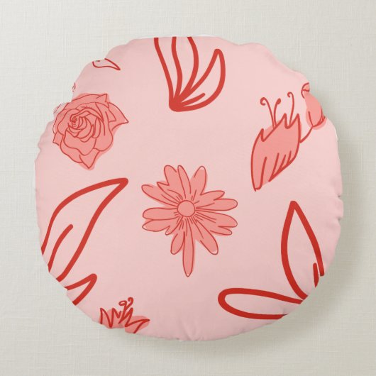 ピンクの花の線画パターン ラウンドクッション (正面)