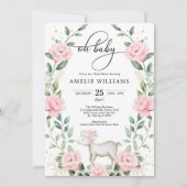 ピンクの花の羊のグリーンリースの女の子のベビーシャワー 招待状 (正面)