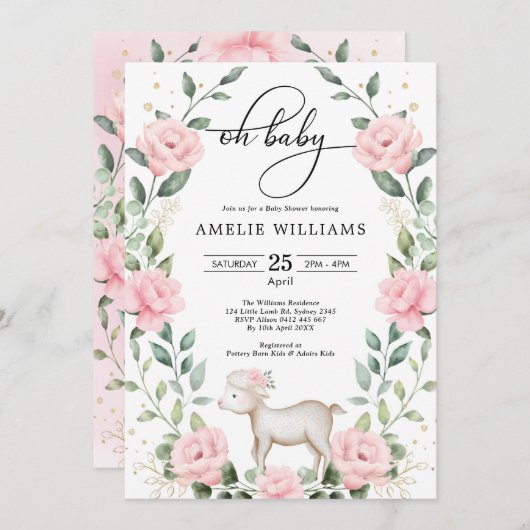 ピンクの花の羊のグリーンリースの女の子のベビーシャワー 招待状 (正面/裏面)