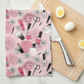 ピンクの花の美容製品パターン キッチンタオル (四つ折り)
