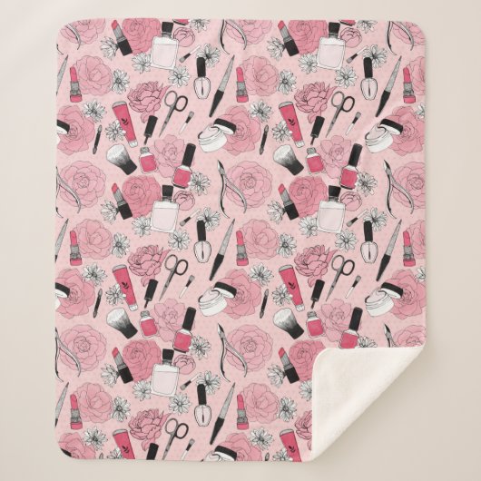 ピンクの花の美容製品パターン シェルパブランケット (正面)