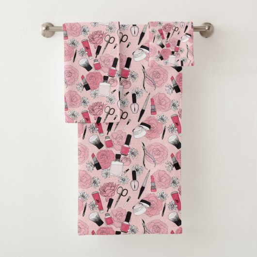 ピンクの花の美容製品パターン バスタオルセット (インサイチュ)