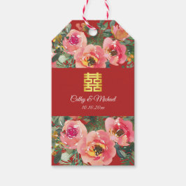 ピンクの花の背景の二喜図 ギフトタグ
