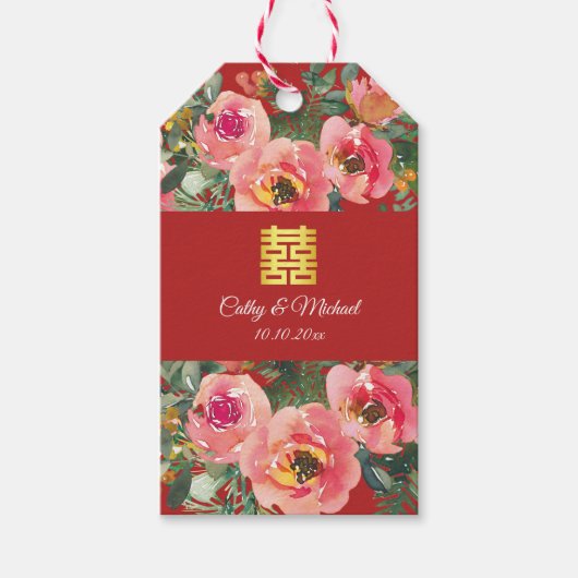 ピンクの花の背景の二喜図 ギフトタグ (正面)