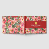 ピンクの花の背景の二重の幸福のシンボル ゲストブック (全面)