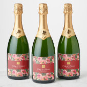 ピンクの花の背景の二重の幸福のシンボル スパークリングワインラベル (ボトル)