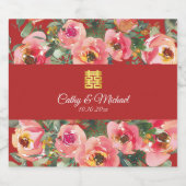 ピンクの花の背景の二重の幸福のシンボル スパークリングワインラベル (シングルラベル)