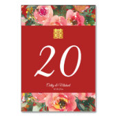 ピンクの花の背景の二重の幸福のシンボル テーブルナンバー (裏面)