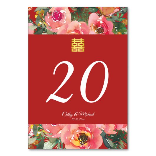 ピンクの花の背景の二重の幸福のシンボル テーブルナンバー (正面)