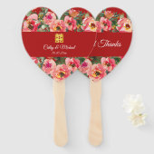 ピンクの花の背景の二重の幸福のシンボル ハンドファン (正面&裏面)