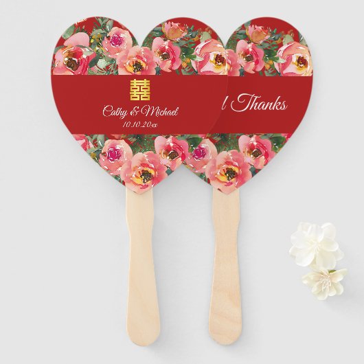 ピンクの花の背景の二重の幸福のシンボル ハンドファン (正面&裏面)