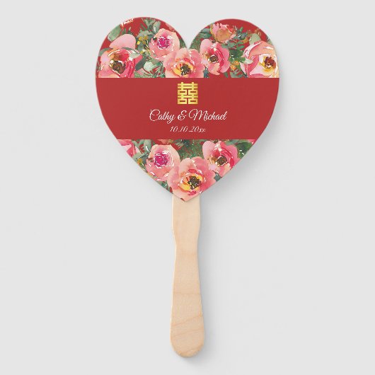 ピンクの花の背景の二重の幸福のシンボル ハンドファン (正面)