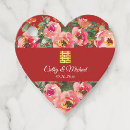 ピンクの花の背景の二重の幸福のシンボル フェイバータグ