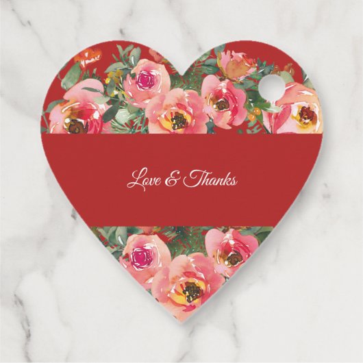 ピンクの花の背景の二重の幸福のシンボル フェイバータグ (裏面)