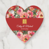 ピンクの花の背景の二重の幸福のシンボル フェイバータグ (正面)