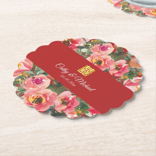 ピンクの花の背景の二重の幸福のシンボル ペーパーコースター (アングル)