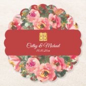 ピンクの花の背景の二重の幸福のシンボル ペーパーコースター (正面)