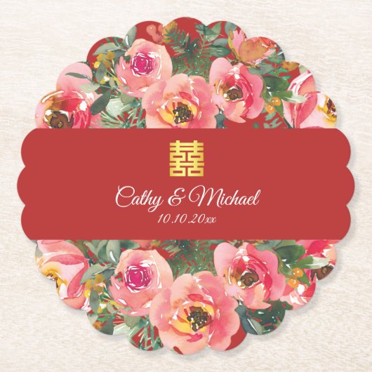 ピンクの花の背景の二重の幸福のシンボル ペーパーコースター (正面)