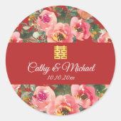ピンクの花の背景の二重の幸福のシンボル ラウンドシール (正面)