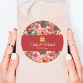 ピンクの花の背景の二重の幸福のシンボル ラウンドシール