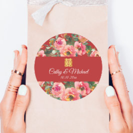 ピンクの花の背景の二重の幸福のシンボル ラウンドシール