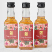ピンクの花の背景の二重の幸福のシンボル リキュールボトルラベル (ボトル)