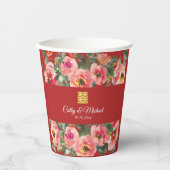 ピンクの花の背景の二重の幸福のシンボル 紙コップ (正面)