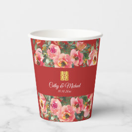 ピンクの花の背景の二重の幸福のシンボル 紙コップ