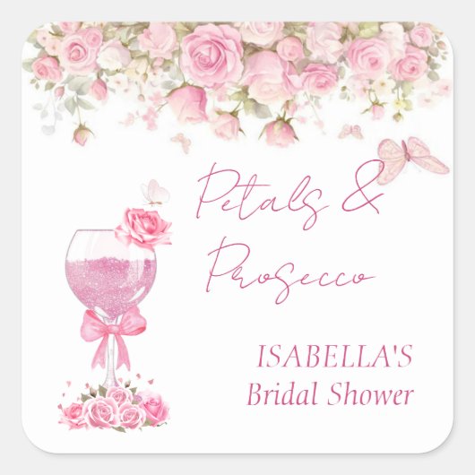 ピンクの花の花びらとプロセッコの花嫁シャワー スクエアシール (正面)