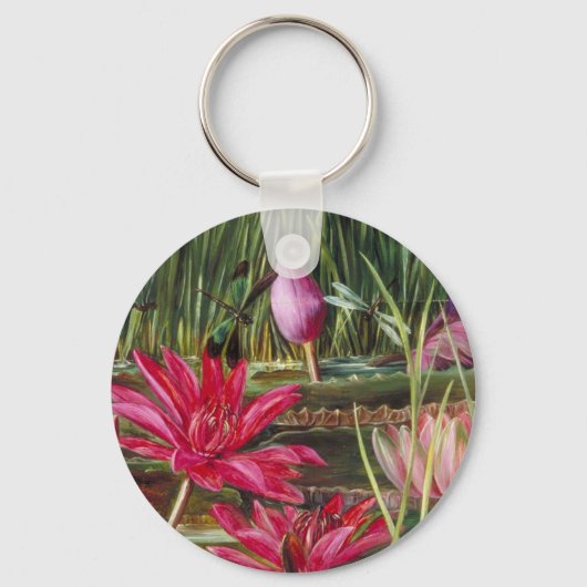 ピンクの花の花を絵を描くヴィンテージ キーホルダー (正面)