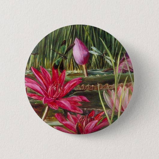 ピンクの花の花を絵を描くヴィンテージ 缶バッジ (正面)