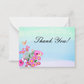 ピンクの花の花束と蝶ありがとう ノートカード (正面)