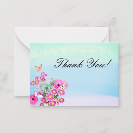 ピンクの花の花束と蝶ありがとう ノートカード (正面)