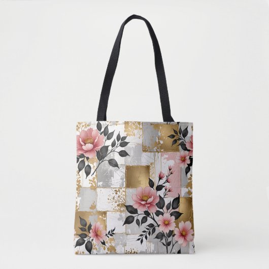 ピンクの花の花束と金ゴールドと白い正方形 トートバッグ (正面)