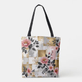 ピンクの花の花束と金ゴールドと白い正方形 トートバッグ (裏面)