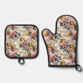 ピンクの花の花束と金ゴールドと白い正方形 鍋つかみ&鍋敷きセット (正面)