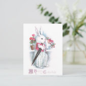 ピンクの花の花束を持つイースターバニー シーズンポストカード (スタンド正面)