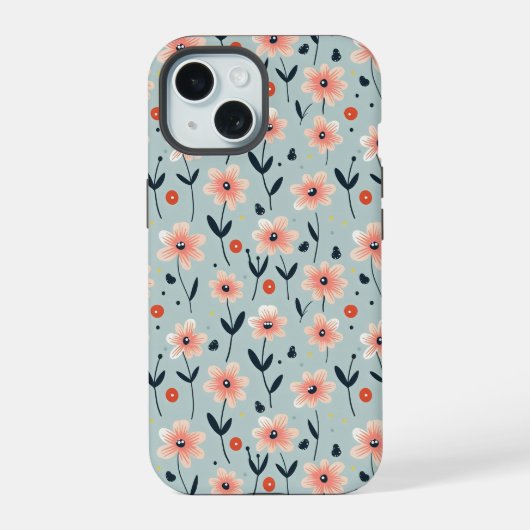 ピンクの花の花柄 iPhone 15ケース (裏面)