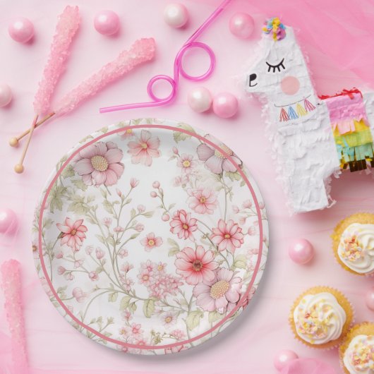 ピンクの花の茎 ペーパープレート (パーティー)