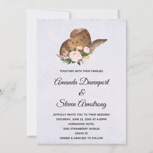 ピンクの花の茶色のカウボーイ結婚ハット 招待状 (正面)