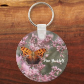 ピンクの花の茶色の蝶キーチェーン キーホルダー (正面)