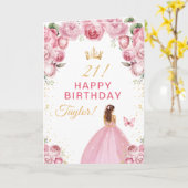 ピンクの花の茶色の髪の女の子お誕生日おめでとう カード (黄色い花)