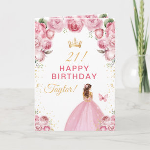 ピンクの花の茶色の髪の女の子お誕生日おめでとう カード