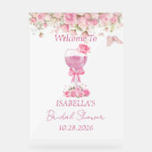 ピンクの花の葉とプロセッコの花嫁シャワー アクリルサイン (正面)